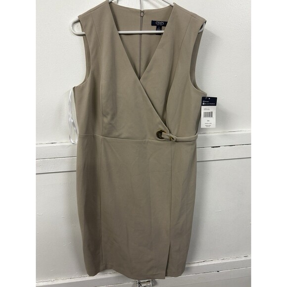 Chaps Women’s Khaki Belted Wrap Sheath Dress - Size 14 NWT Beige Gold Accent - Picture 1 of 6